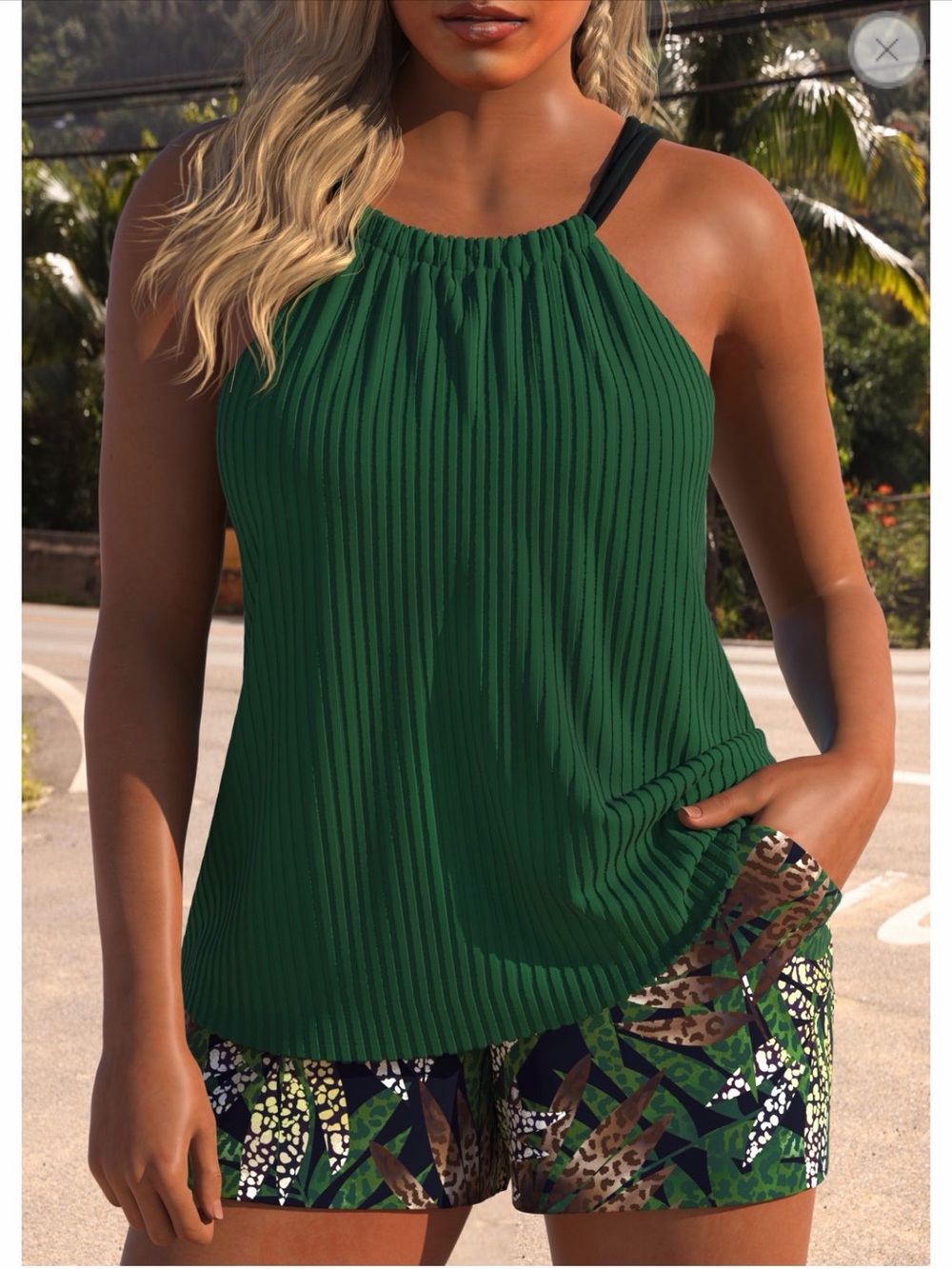 Rosewe Women’s Green Pleated Halter Tank Top and Board Shorts